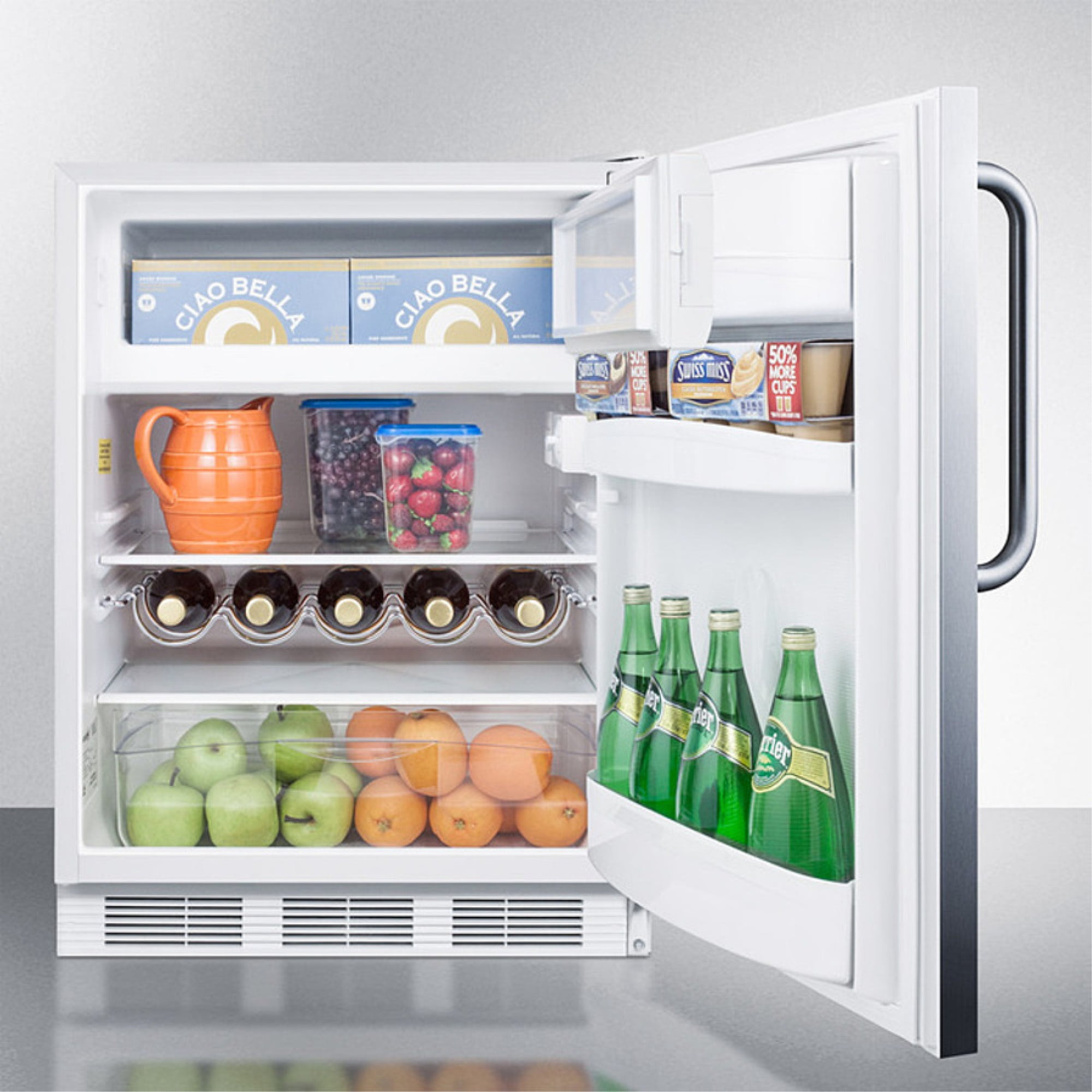 Built-in undercounter refrigerator-freezer for residential use, cycle defrost with a stainless steel wrapped door, towel bar handle, and white cabinet