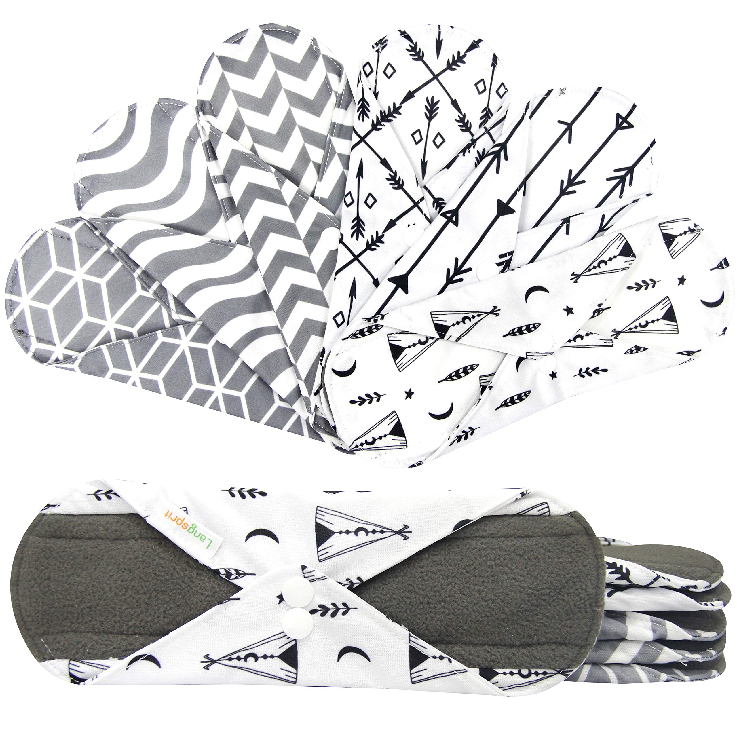 Langsprit Langspit Absorbent Reusable Sanitary Pads,6 Pieces Washable Bamboo Cloth Menstrual Pads with Bonus Free Mini Wet Bag S,Elegant
