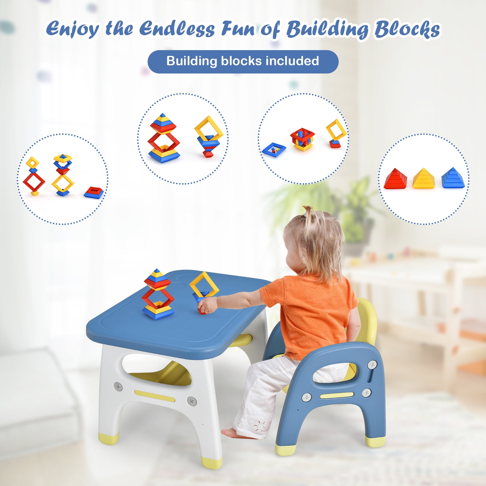 Infans Kids Dinosaur Table and Chair Set Activity Study Desk w/ Building Blocks