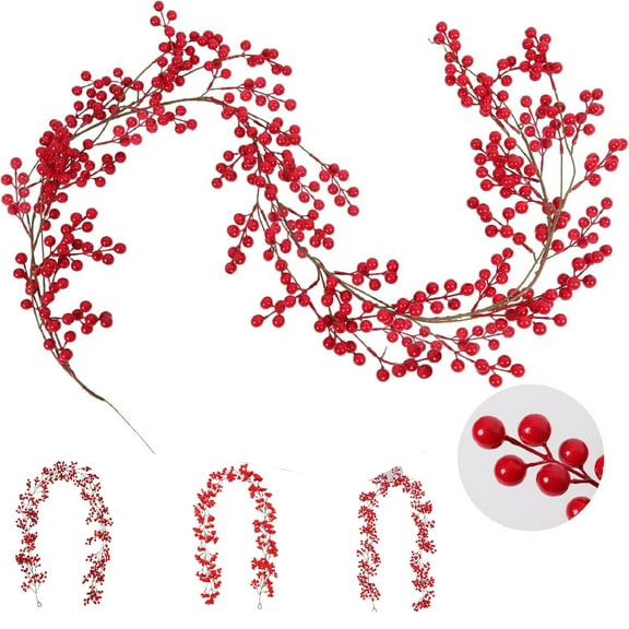 Yhmxh Christmas Red Berry Garland, 6.5FT Christmas Garland Decoration Artificail Berry Garland Wreath for Indoor Outdoor Decoration Winter Christmas Holiday NewYear Fireplace Table Decorations