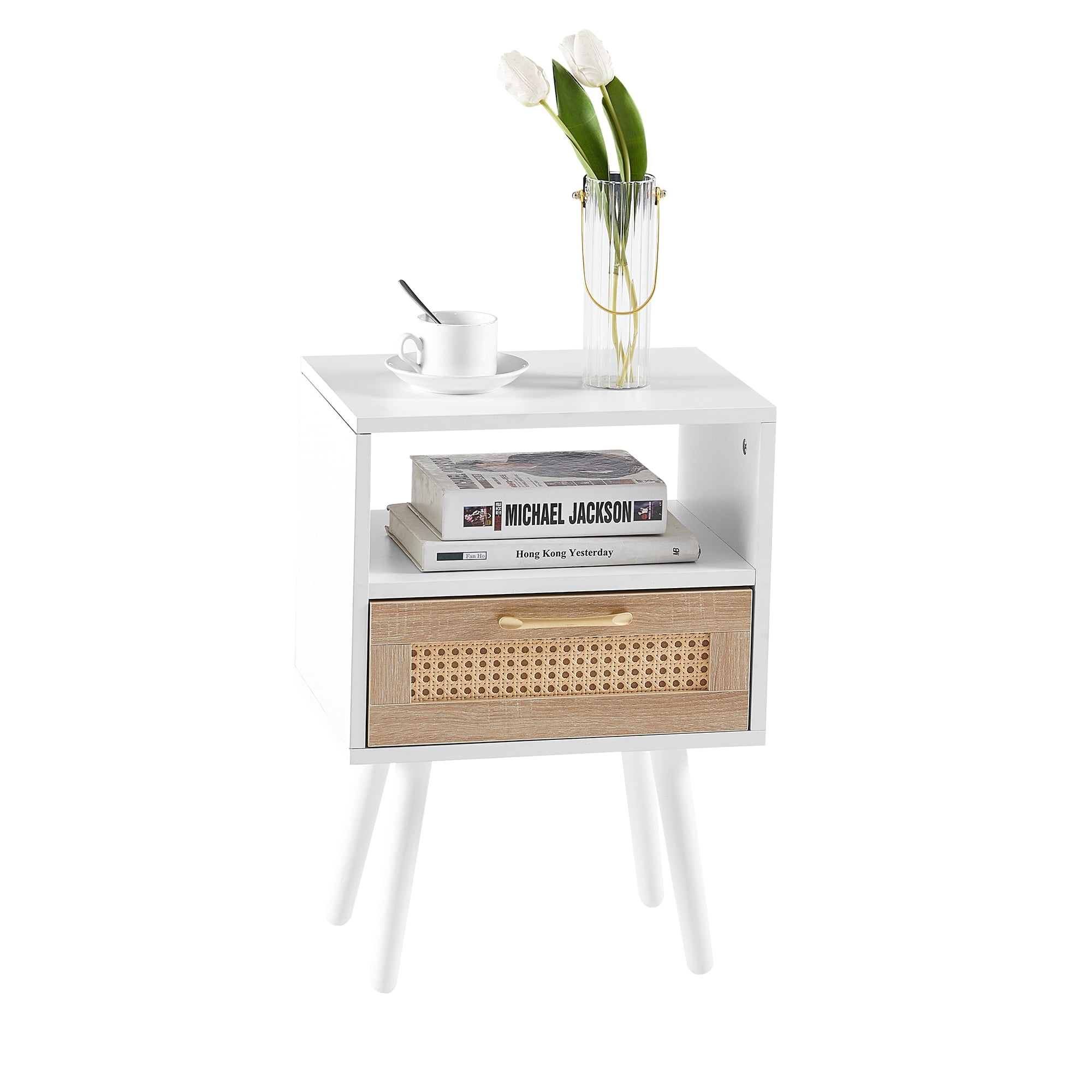 Kepooman Rattan Nightstand, 15.75" Bedside Table with Drawer and Solid Wood Legs, Wood End Table for Bedroom, White Kepooman Rattan Nightstand, 15.75" Bedside Table with Drawer and Solid Wood Legs, Wood End Table for Bedroom, White