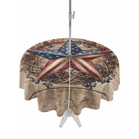 Outdoor Tablecloth with Umbrella Hole for Patio/Picnic/Party/Camping, Wooden Star Vintage Waterproof Table Cloth Round Cover Washable, Country American Flag Star Rustic (Dia 60")