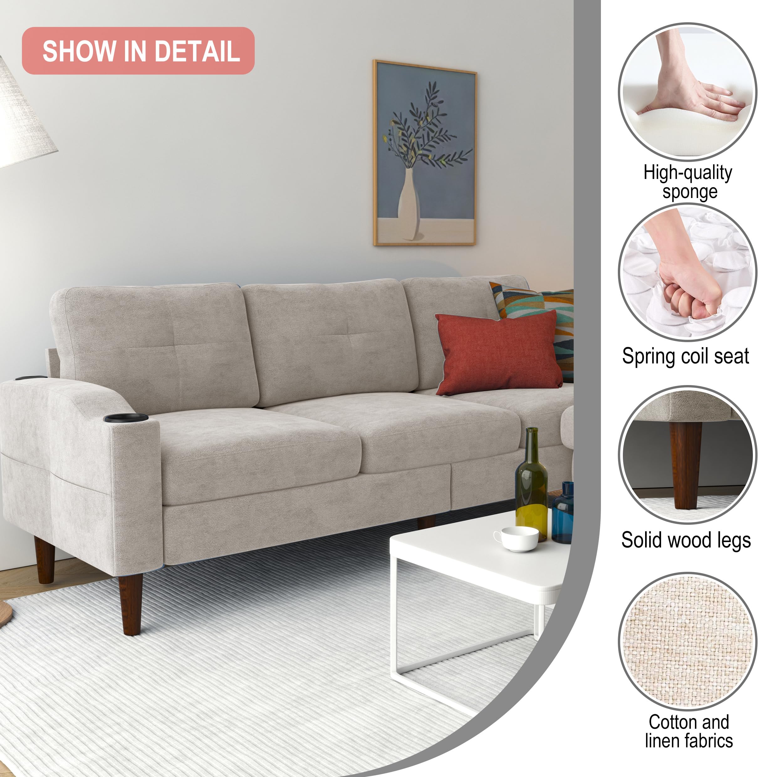 Aukfa Modular L-Shaped 3-Seater Sectional Sofa with Storage Ottoman, USB Ports and Cup Holders, 78" Couch for Living Room, Beige
