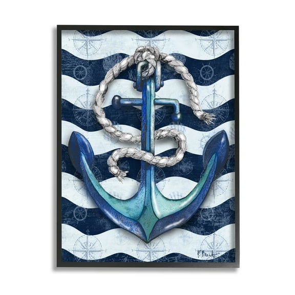 Stupell Industries Nautical Anchor Wavy Navy Stripes Graphic Art Black Framed Art Print Wall Art, Design by Paul Brent