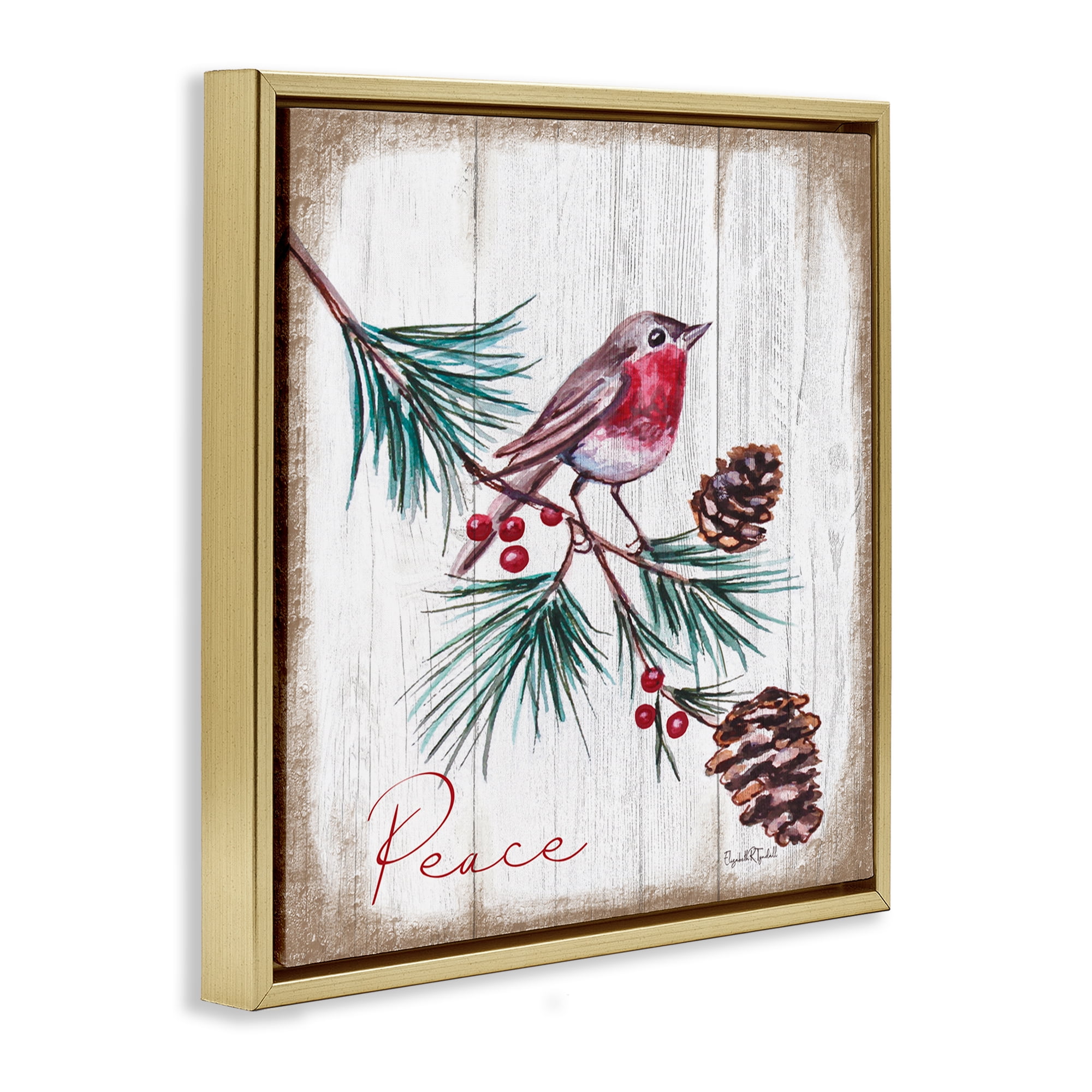 Stupell Industries Rustic Bird & Pinecones Holiday Painting Gold Floater Framed Canvas Art Prints Wall Art, 25 x 25