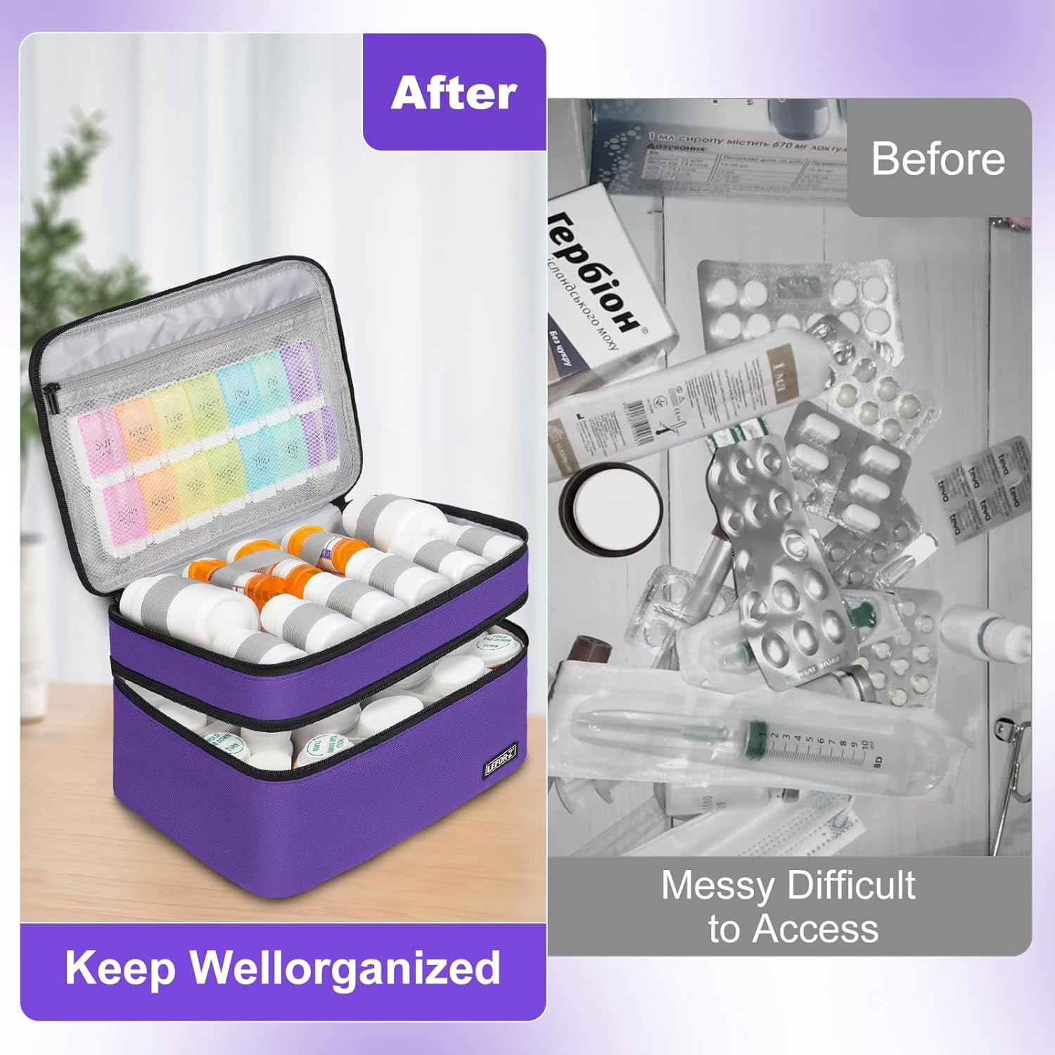 Medicine Storage Bag,Double Layers Pill Bottle Organizer Bag Empty with Lockable Zipper&Adjustable Divider,Medication Travel Carrying Bag for Pills,Vitamins,Medical Supplies
