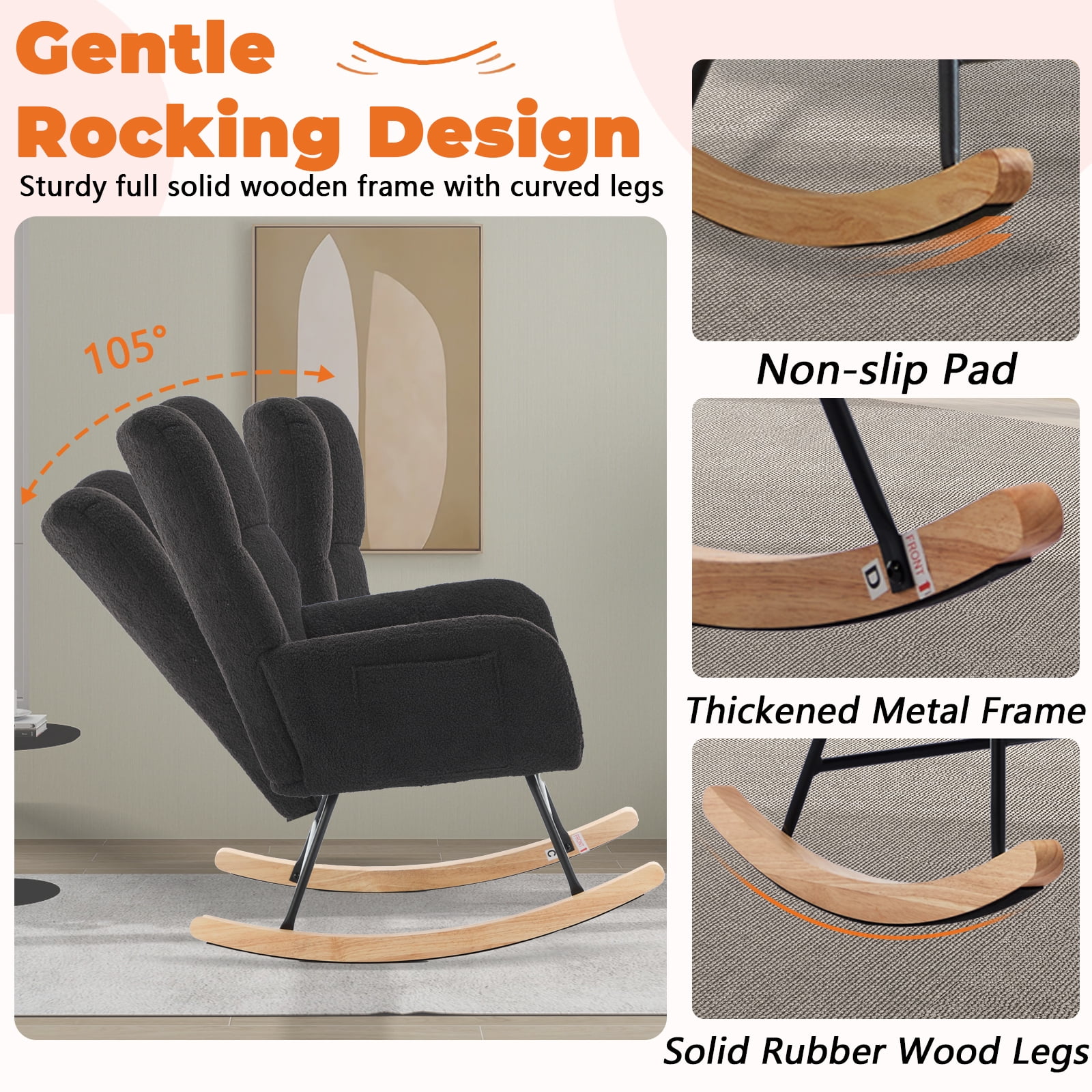 SENCHO GINSYTALIOR Nursery Rocking Chair Teddy Upholstered Glider Rocker,Rocking Accent Chair Padded Seat with High Backrest ,Solid Wood Legs for Nursery Bedroom Living Room(Black）