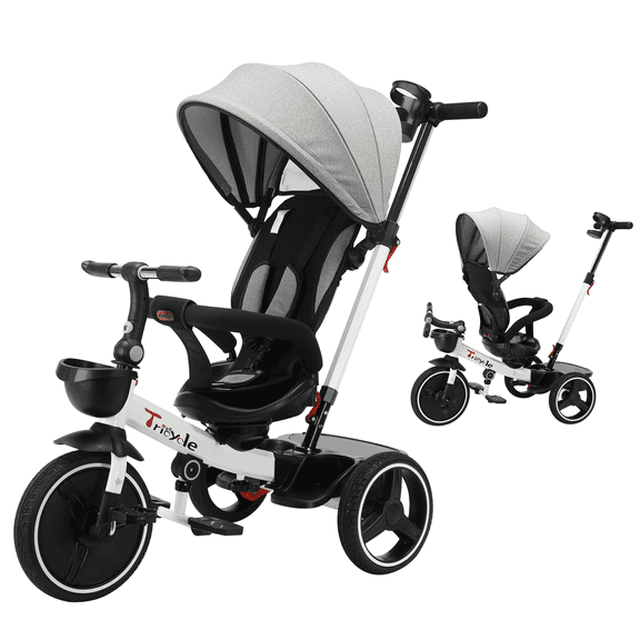 Baby Tricycle, 6 in 1 Foldable Trike for Kids age 10M to 5 Years, Detachable Guardrail,Adjustable Canopy,Safety Harness,Folding Pedal,Storage Basket,Brake,Shock Absorption)