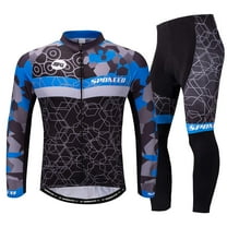Sponeed Cycling Jersey Set Men Long Sleeve Reflective Breathable Bicycling Tops Bike Riding Pants Padded Blue XL