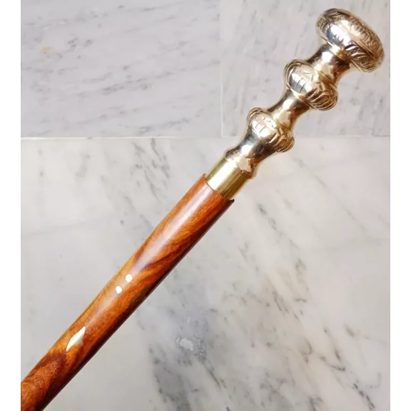 Brass Wolf Handle Brown Wooden Walking Stick Vintage Victorian Antique Cane.