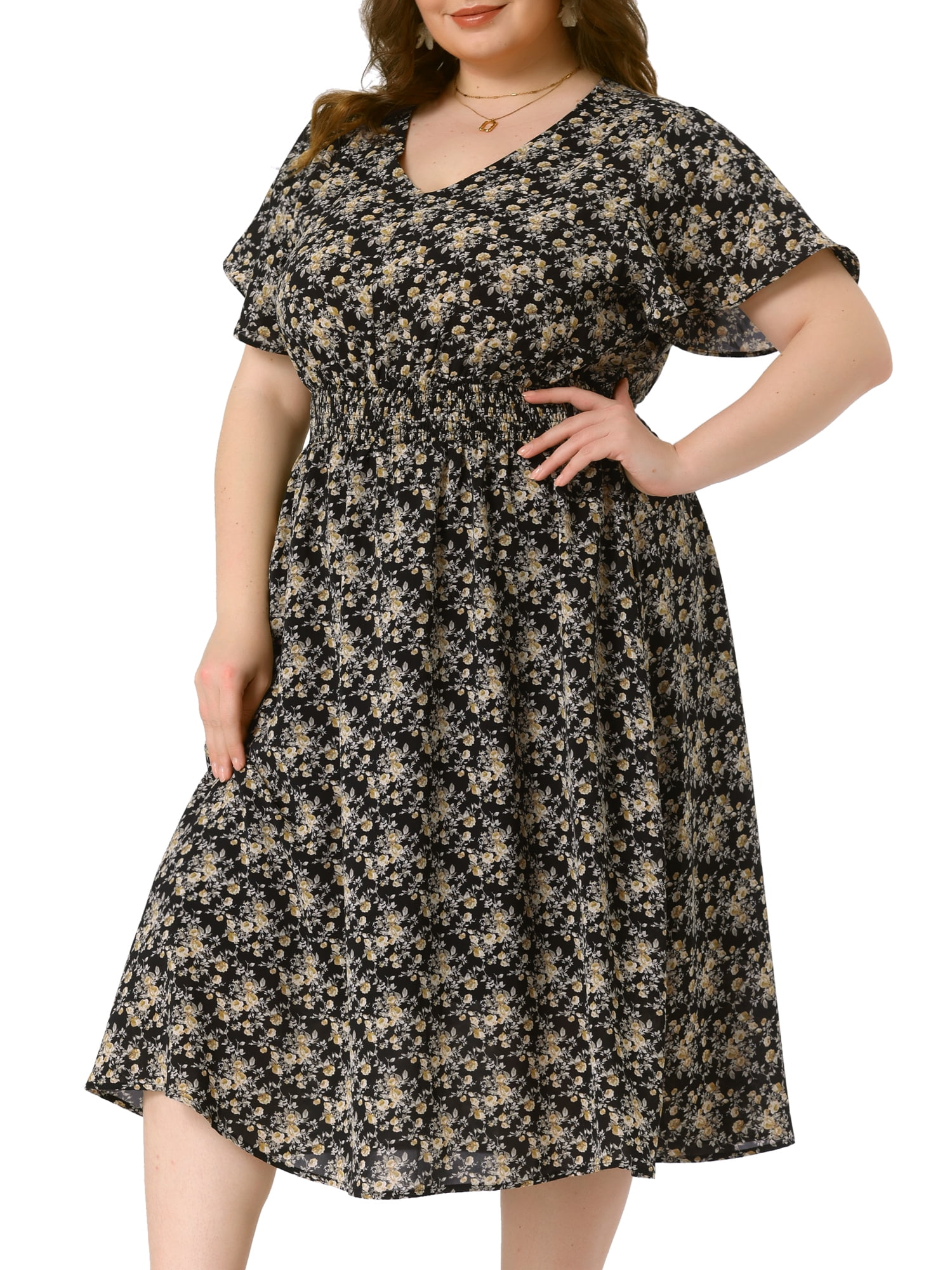 DARING DIVA Plus Size Ditsy Floral V Neck Smocked Waist Midi Dress 2X Black