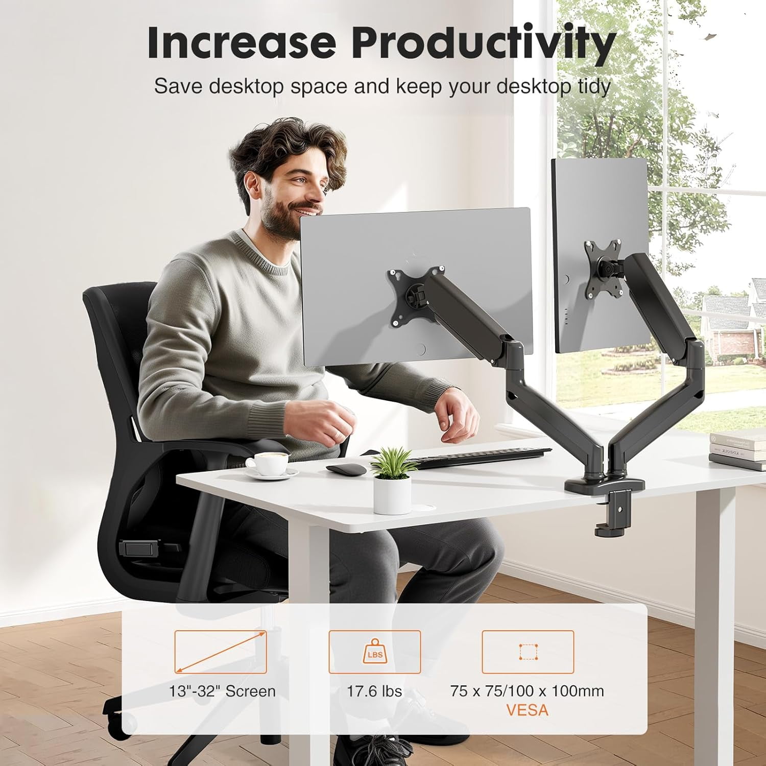 QUIOCOZY Dual Monitor Stand - Fully Adjustable 2 Monitors Arm for 13-32 Inch Screens, Holds up to 17.6lbs per Arm, with C-Clamp and Grommet Base, VESA Mount 75x75mm & 100x100mm