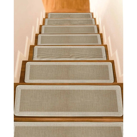 Light Brown Abstract Art Non-Slip Stair Treads for Wooden Steps, 15 Pack 8x30 Inch Stair Mats with Adhesive Backing, Noise-Reducing Step Covers for Indoor Stairs, Easy to Install & Residue-Free