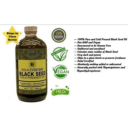 PURE BLACK SEED OIL - 16oz - Ships in Glass Bottle - Cold Pressed in USA - Pure Nigella sativa - Black Cumin Oil - Unfiltered, Undiluted, Very Dark and Potent, Vegan, Halal, Non-