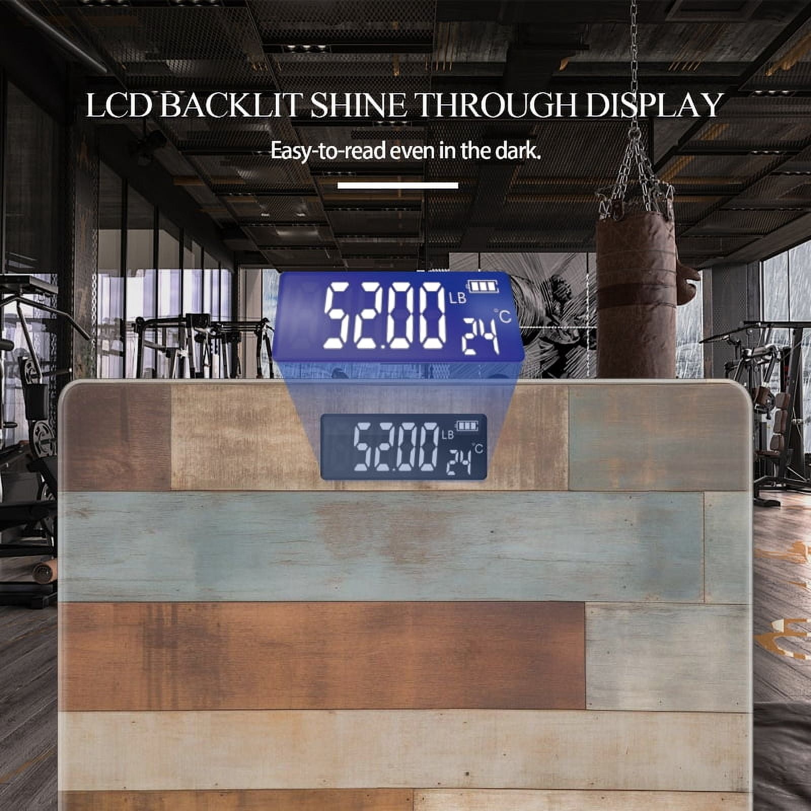 Bathroom Scale, Highly Accurate Digital Body Scale,Precisely Measures Weight up to 400 lbs-The Background Wall Made Of Wooden Planks With Different Colors