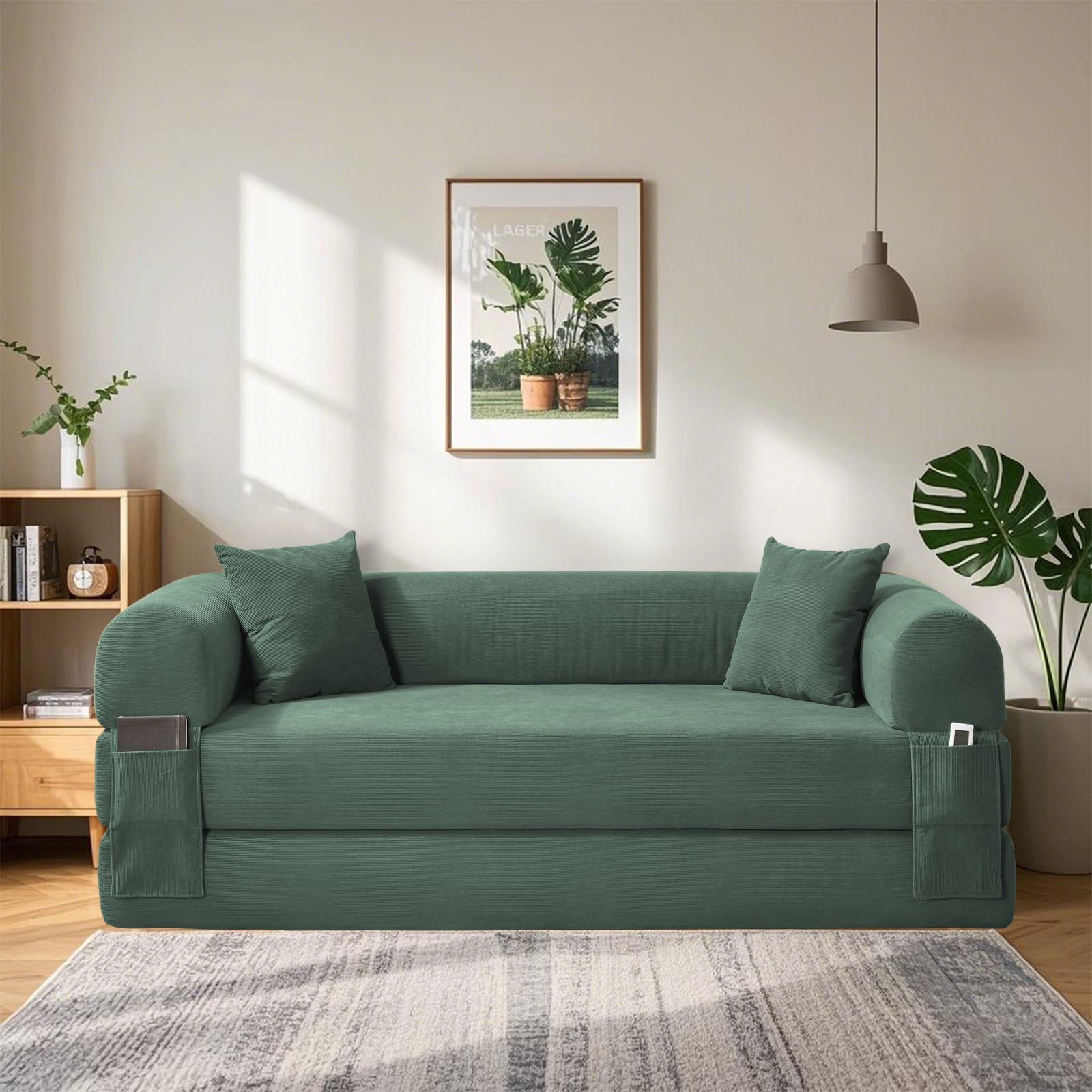 3 in 1 Convertible Sofa Bed, 80" Corduroy Folding Pull Out Couch with 2 Pillows, Floor Sofa with Side Storage for Living Room, No Assembly Modern Boneless Couch Compression Sofa, 30"W