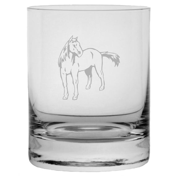Quarter Body - Alternate Horse Themed Etched 10.25oz Crystal Rocks Whisky Glass