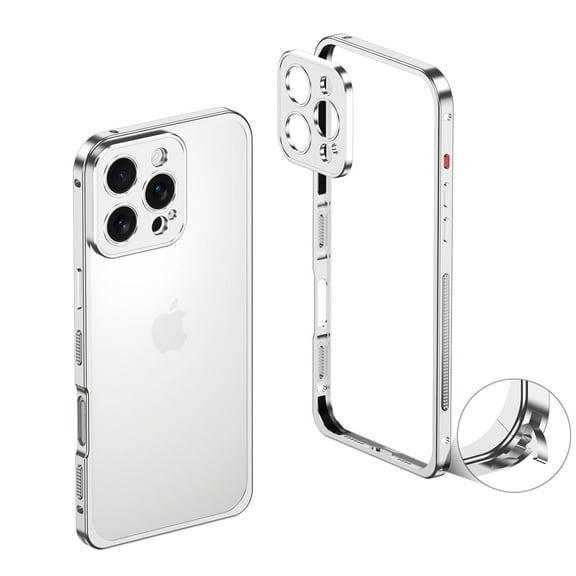 For iPhone 16 Pro Metal Bumper Phone Case,With Lens Protector,Slim Fit No Back No Frame Backless Metal Bumper 4 Corners Shockproof Rugged Heat Dissipation Frame Phone Case,Silver