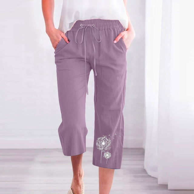 Jsaierl Womens Capris with Pockets Drawstring Elastic Waisted Wide Leg Cropped Pants Plus Size Fashion Floral Print Capris