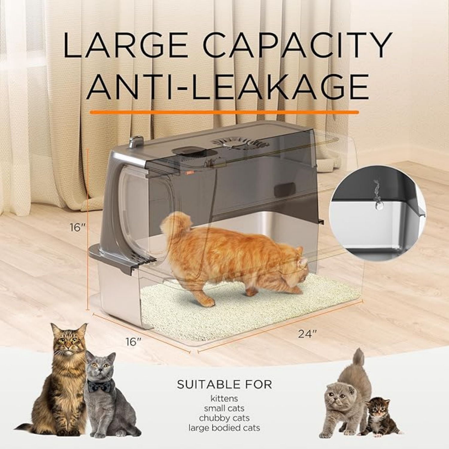 Stainless Steel Cat Litter Box with Lid, XL Extra Large Enclosed Removable Metal Litter Box with Litter Scoop&Double Layer Litter Mat, Non-Sticky, Non-Odor, for Big Cats Dark Grey