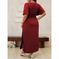 thumbnail image 2 of Plus Size Womens Burgundy Solid V-Neck Wrap Short Sleeve Midi Dress, 2 of 6