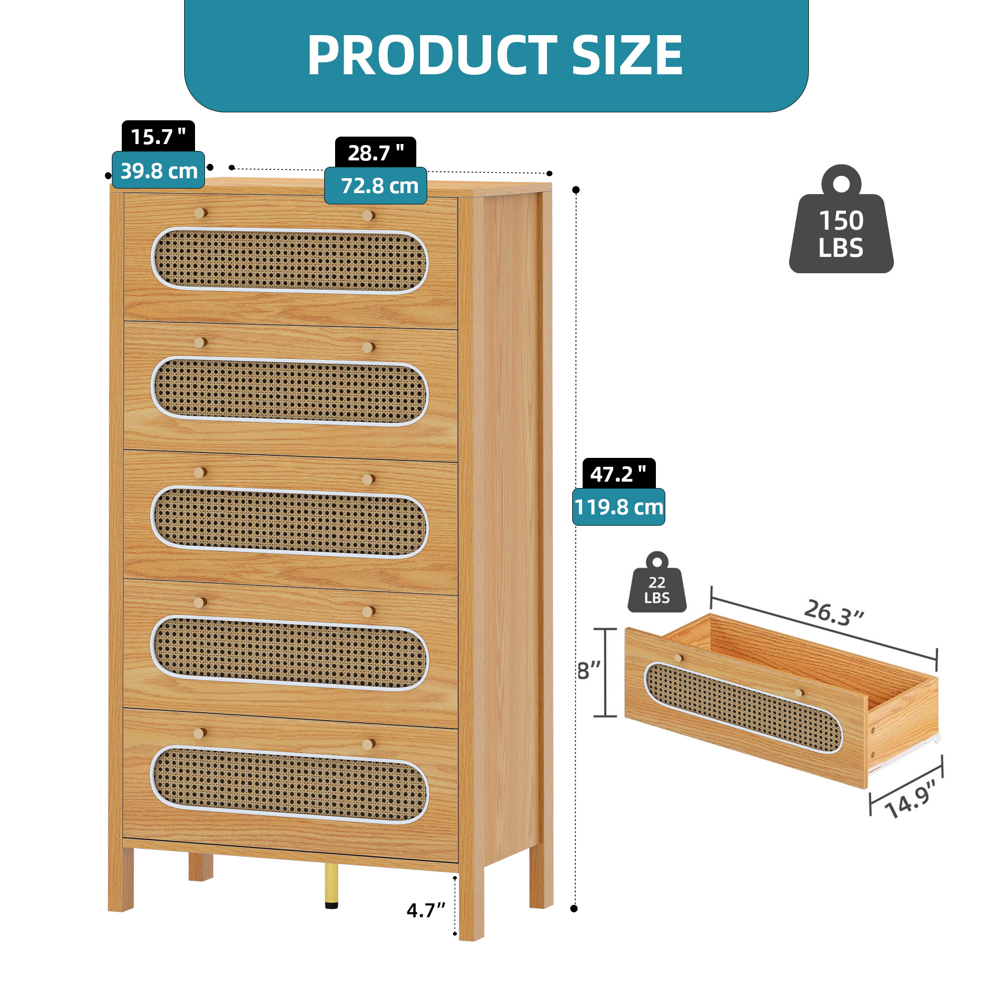 Uforic 5-Drawer Wood Dresser with Anti-tip Device for , Boho Vertical Chest of Drawers, Oak