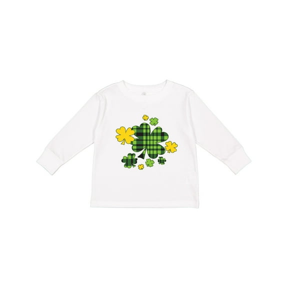 Inktastic St. Patrick's Day Plaid Green and Yellow Shamrocks Boys or Girls Long Sleeve Toddler T-Shirt