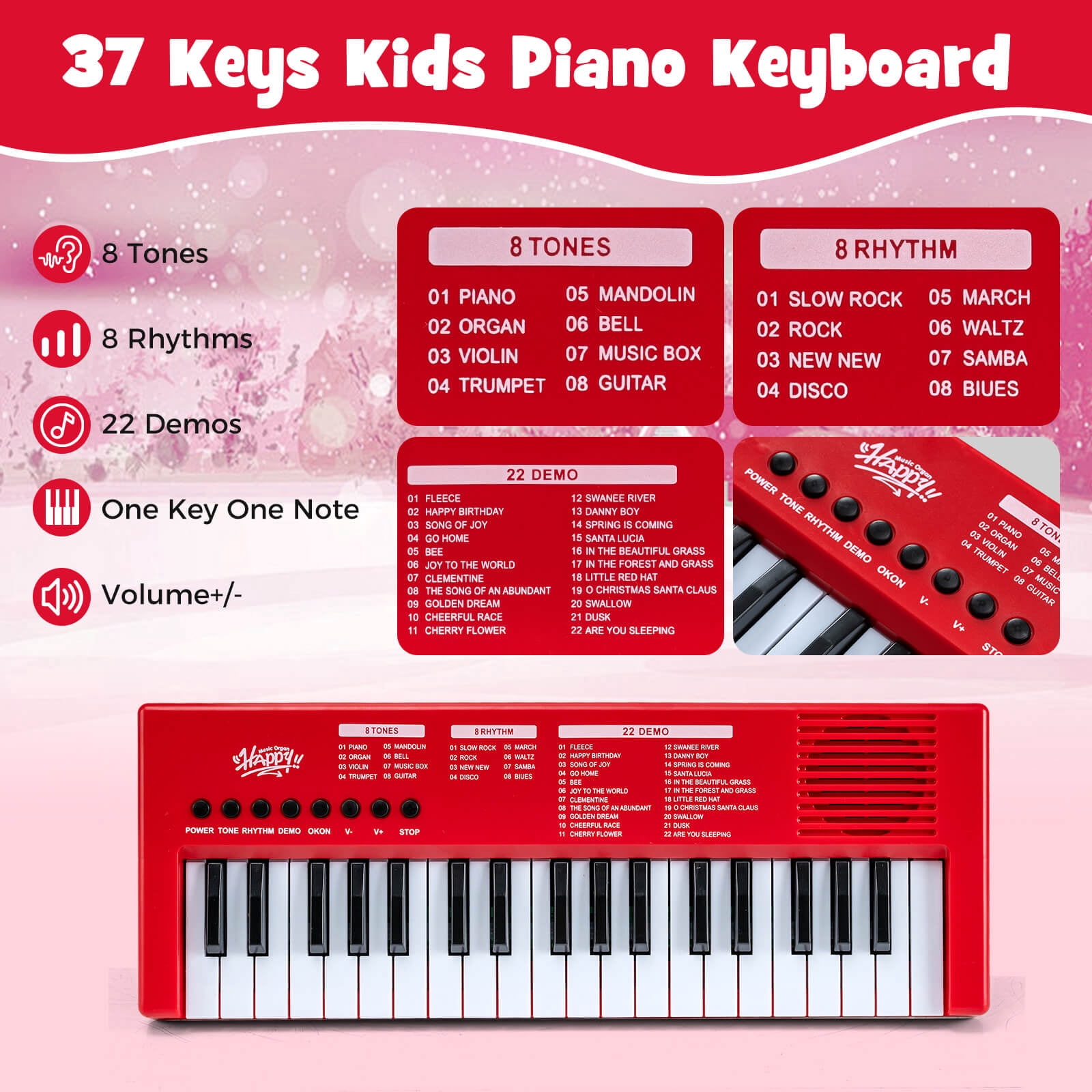 Infans Kids Piano Keyboard w/8 Rhythms 8 Tones 22 Demos for 3+ Years Old Boys & Girls