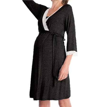 

YXGla Pregnant Women Solid Color Lace Patchwork 3/4 Sleeve Bath Robe Kimono Sleepwear