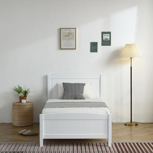 Ktaxon Twin Bed Frame,Solid Pine Wood Kids Twin Platform Bed Frame, Bedroom Twin Bed with Headboard for Adults, White