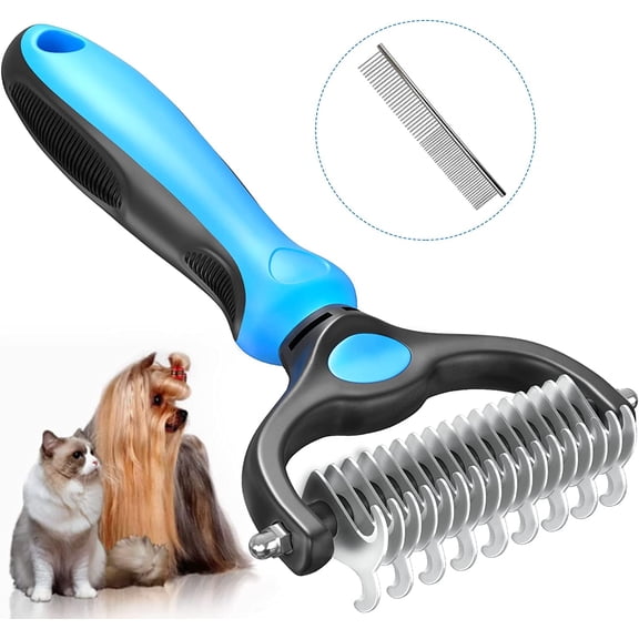 UPITOR Planet Pet Grooming Brush - 2-Sided Dematting Comb and Undercoat Rake for Dogs and Cats,Extra Wide, Blue, Dog Grooming Brush, Dog Shedding Brush