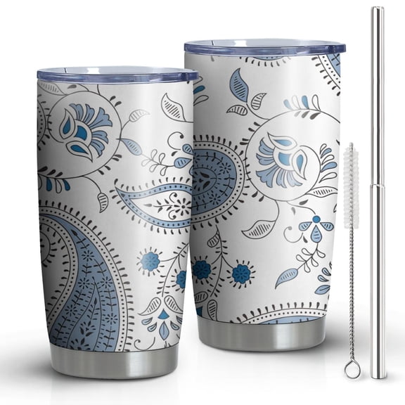 20oz Tumblers Blue Paisley and Floral Pattern Stainless Steel Vacuum Insulated Double Wall Travel Tumbler Cups Mug with Lid and Straw,Cleaning Brush for Cold & Hot Drinks