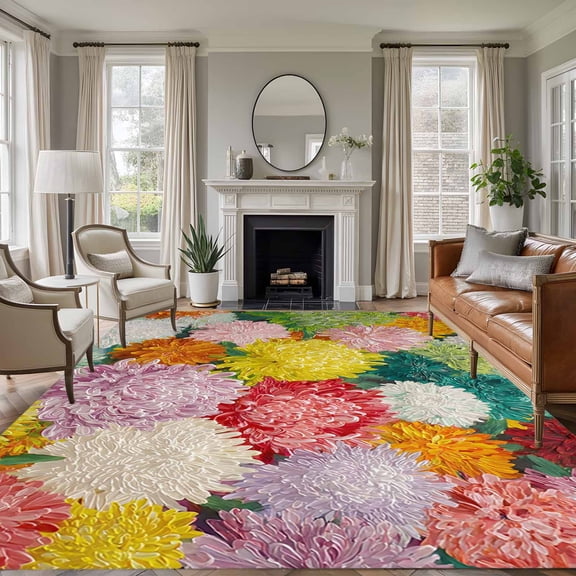 Rectangle Area Rugs 5 x 7 Ft, Watercolor Chrysanthemum Non-Slip Residential Carpet, Vintage Abstract Oil Painting Floral Indoor Crawling Mats Runner Rugs for Living Room/Dining Room/Bedroom