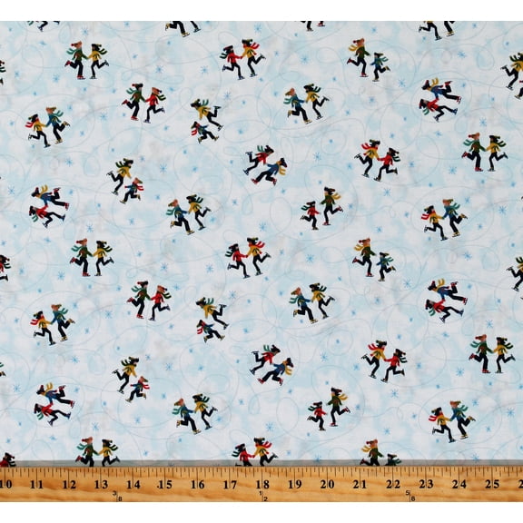 Cotton Ice Skating Skaters Winter Towne Blue Cotton Fabric Print by the Yard (52634-1)
