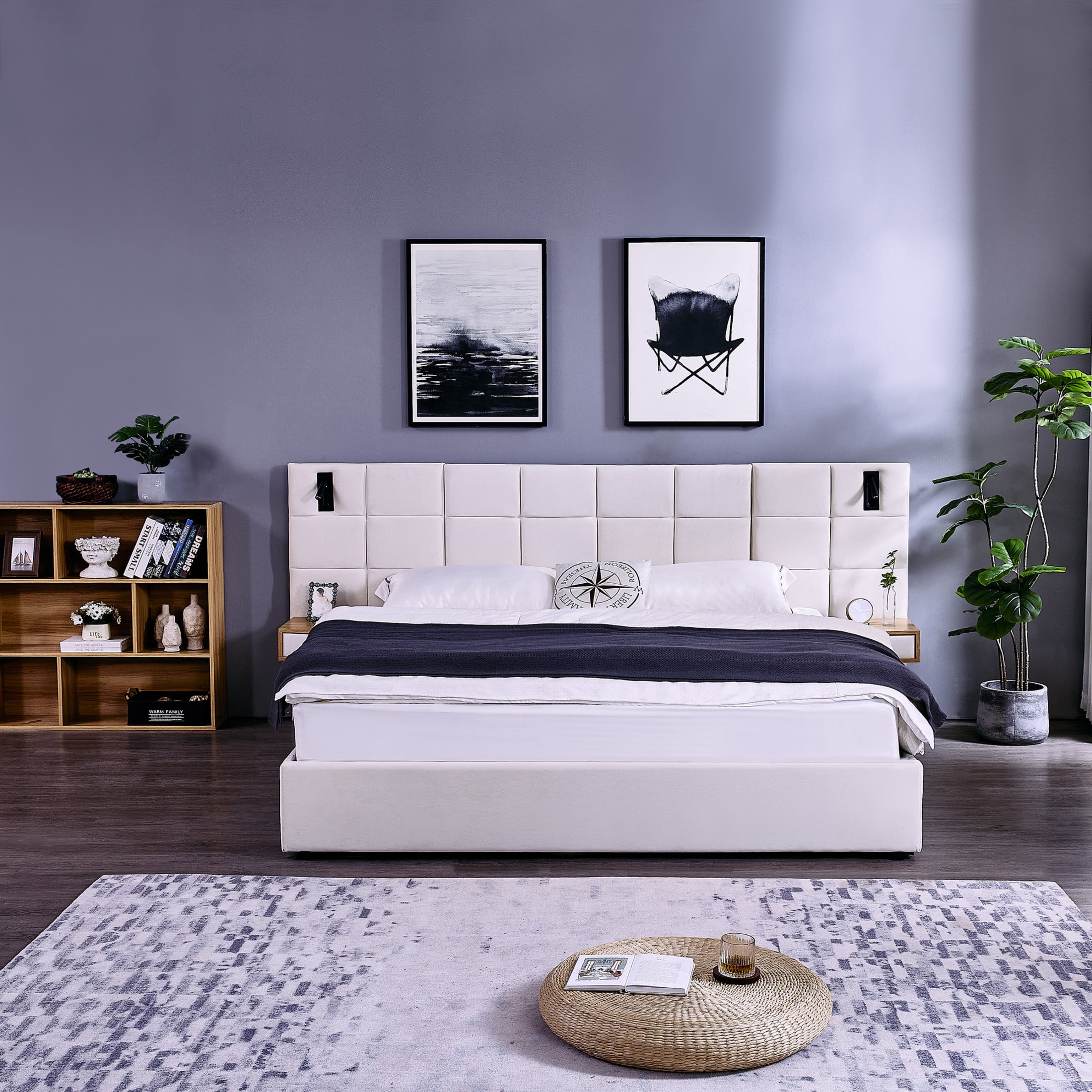Noble House Derwin King-Size Velvet Storage Bed, Hydraulic Platform Bed Frame with Reading Lamps and USB Port, Beige