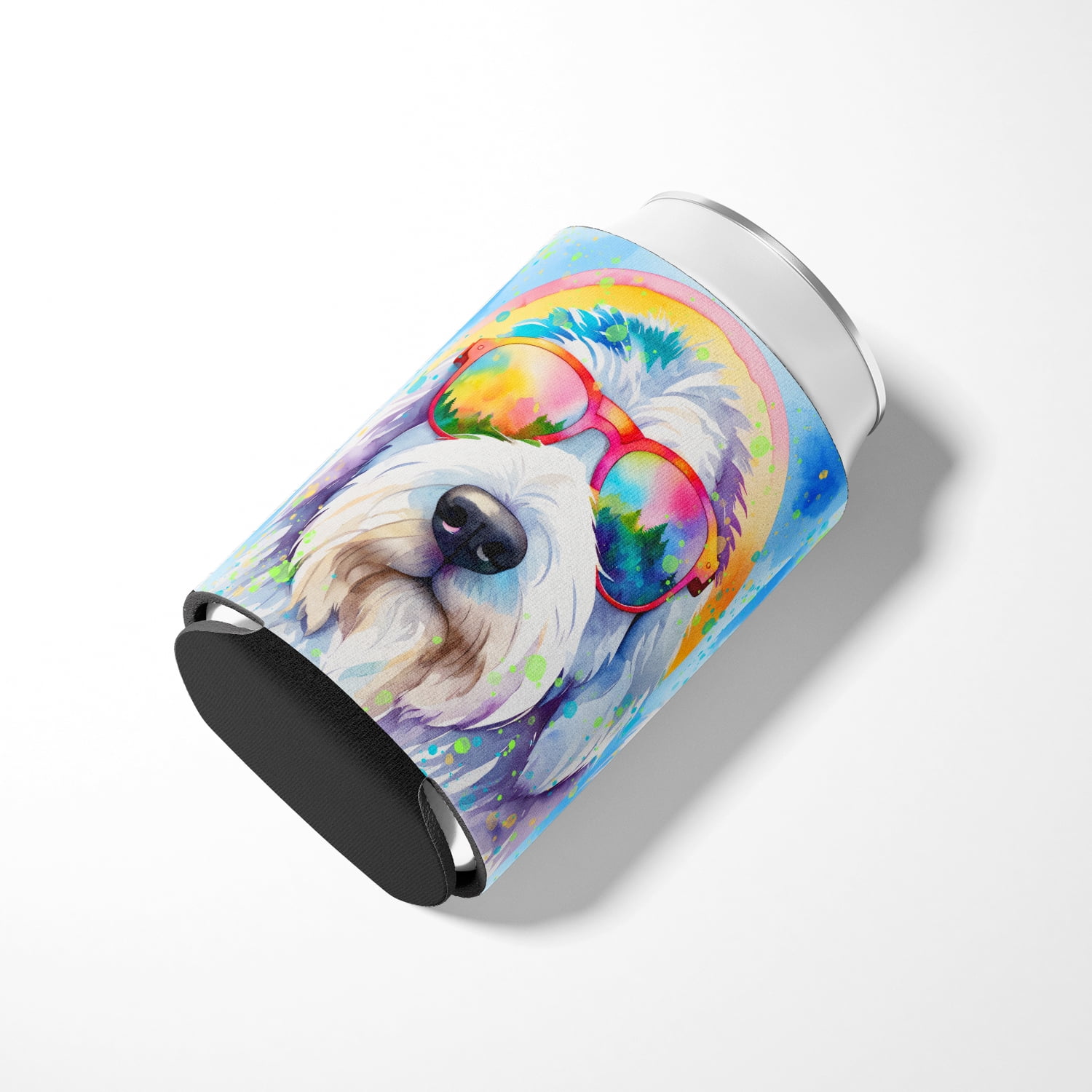 Old English Sheepdog Hippie Dawg Can or Bottle Hugger 3 in x 5 in