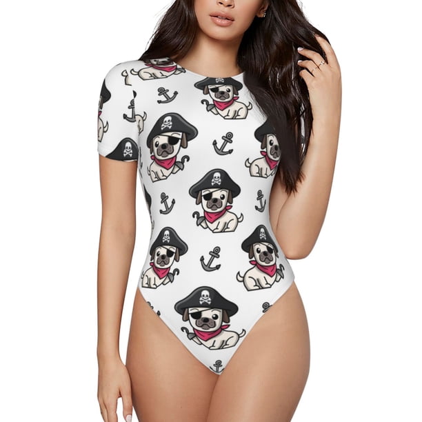 Fotbe DOG IS WEARING PIRATE COSTUME Body de Mujer con Cuello Redondo y Mangas Cortas, Sin Mangas Ajustado, Suave, Cómodo y Básico-XX-Large