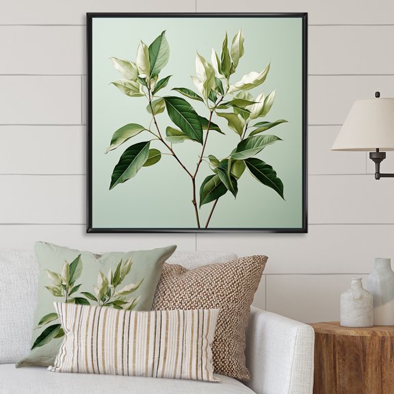 Designart "Serenity In Fresh Mint Minimalism Leaves" Leaves Floater Framed Canvas Art Print