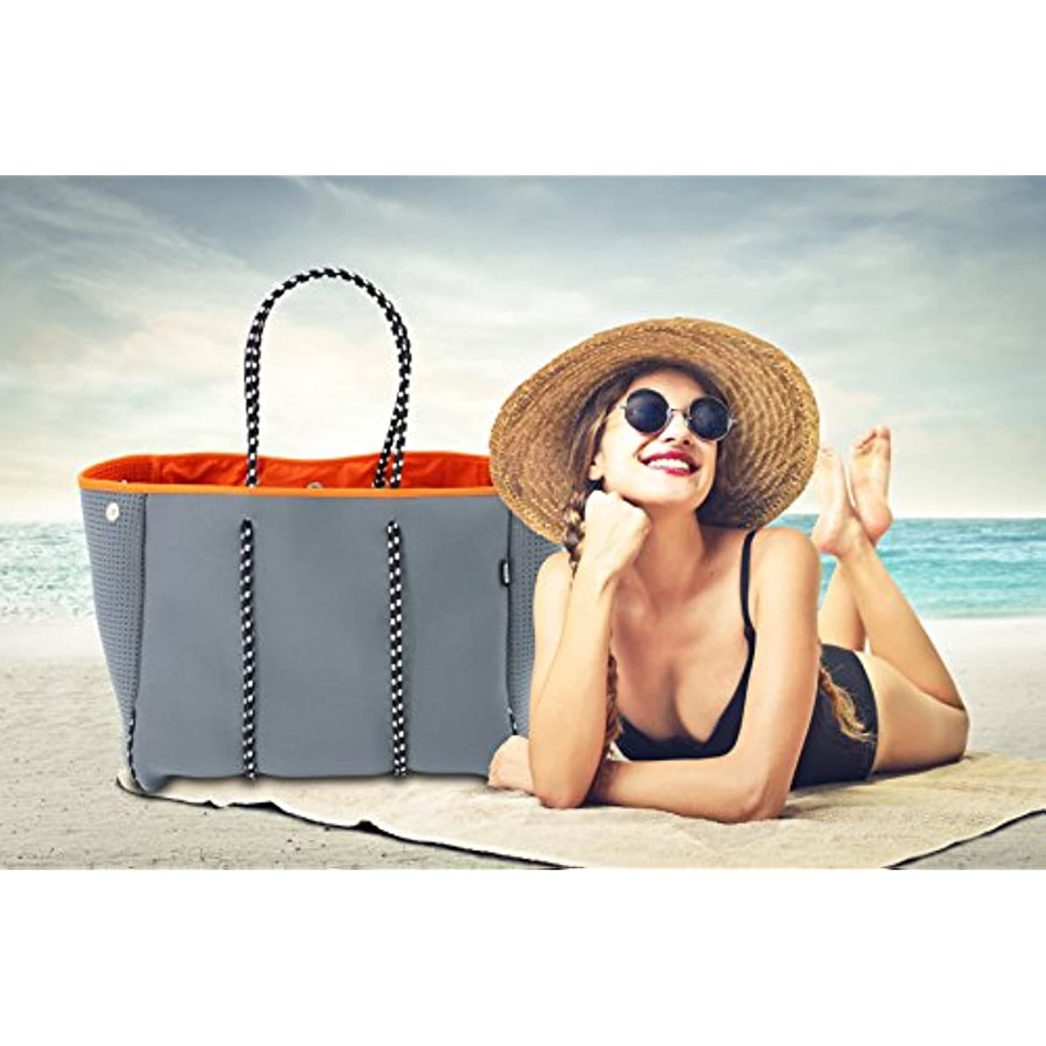 Large Neoprene Handbag with Waterproof Zipper Pocket, Easy to Clean Eva  Rubber Beach Bag with Holes