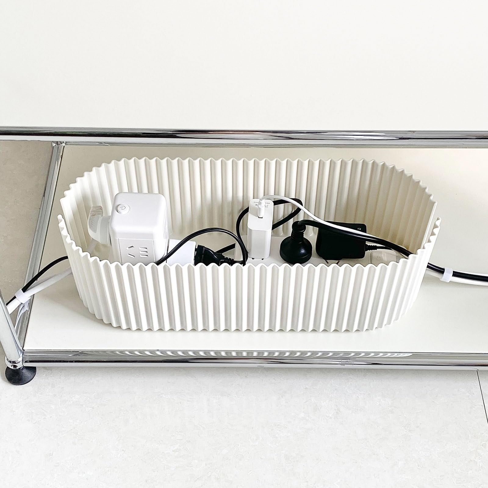 Cable Box Organizer, Plastic Cord Hider Box with Lid for Desk and Floor, Power Strips Cover for Home, Office, Computer, TV, School, Kitchen, Surge Protector Cover (Organ pleated white）