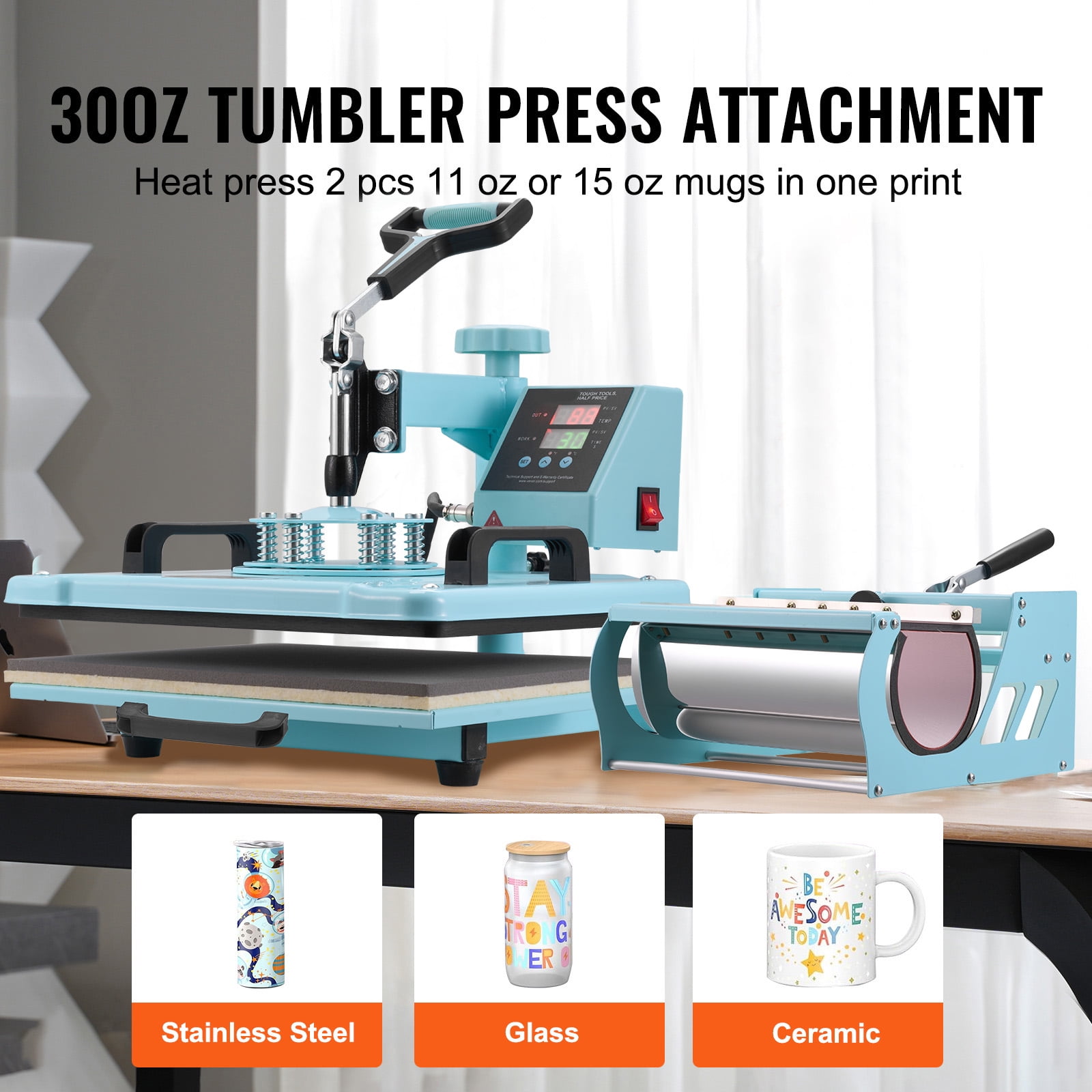 SKYSHALO Heat Press, 12x15 inch, 8-in-1 Transfer Tool, Includes 6-30 oz Cup Press, 360° Rotatable T-Shirt Application, Accurate Digital Settings, for Apparel/Mugs/Caps/Dishes, Green