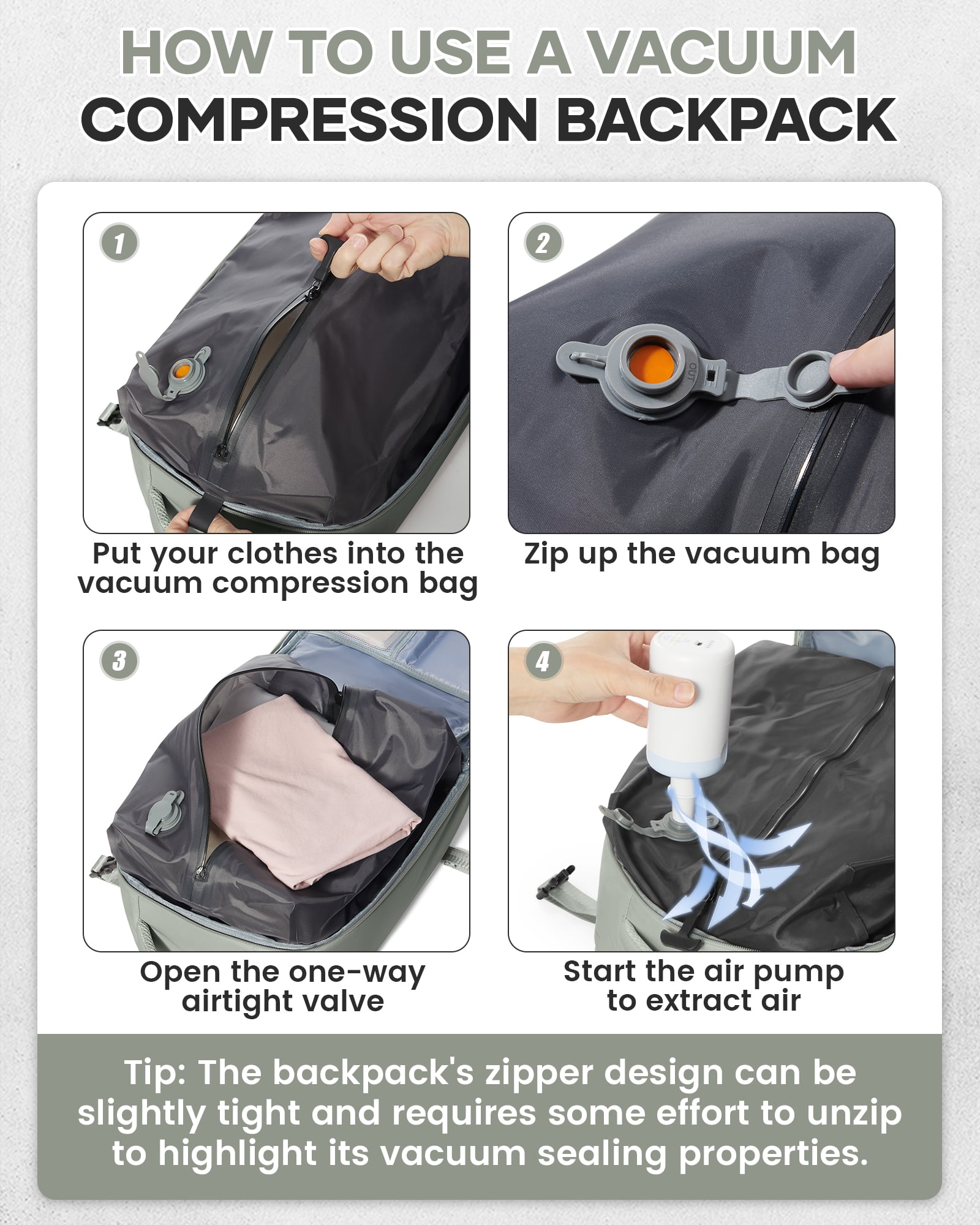 Travel Airback Backpack with Vacuum Compression, Waterproof Travel Backpacks with Air Pump, Large 18×14×8 inch Personal Item Bag United Airlines Approved, Vacuum Seal Backpack Gray Green