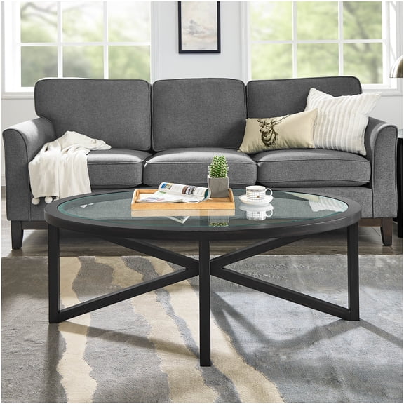 Modern Round Glass Coffee Table with Solid Wood Base, Tempered Glass Top Living Room Accent Table for Contemporary Home Decor
