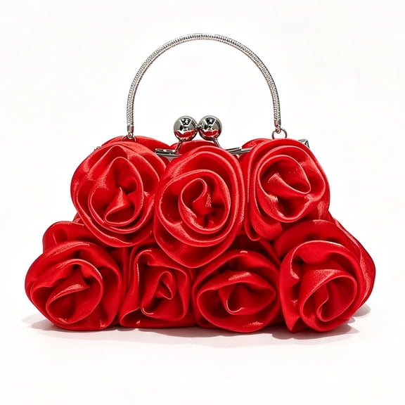 REMANLAND Women's Red Rose Evening Handbag with Metal Top Handle