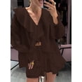 thumbnail image 2 of Women 2 Piece Outfits V Neck Ruffle Tie Front Blouse Tops Lounge Sets Brown M, 2 of 7