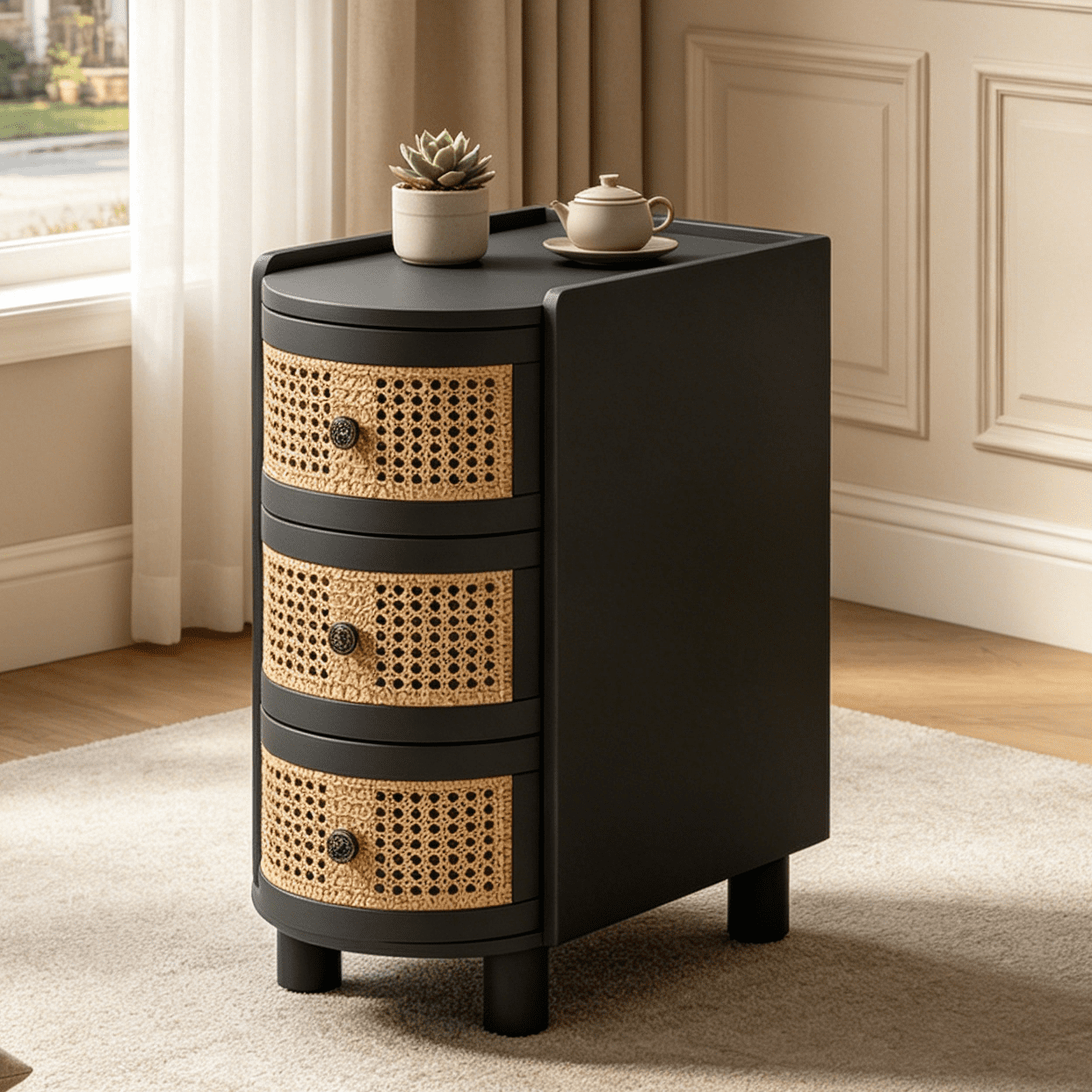 Fnova 26" Solid Wood End Table, Farmhouse Side Table with 3 Rattan Drawers, Slim Sofa Table Nightstand with Vintage Embossed Handles for Living Room, Bedroom, Finished Back, No Assembly