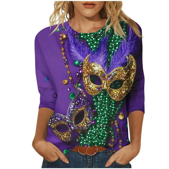 Aloohaidyvio Mardi Gras Clothing ,Womens Tops 3/4 Sleeve Shirts Round Neck Mardi Gras Blouses Casual Tunic Tops