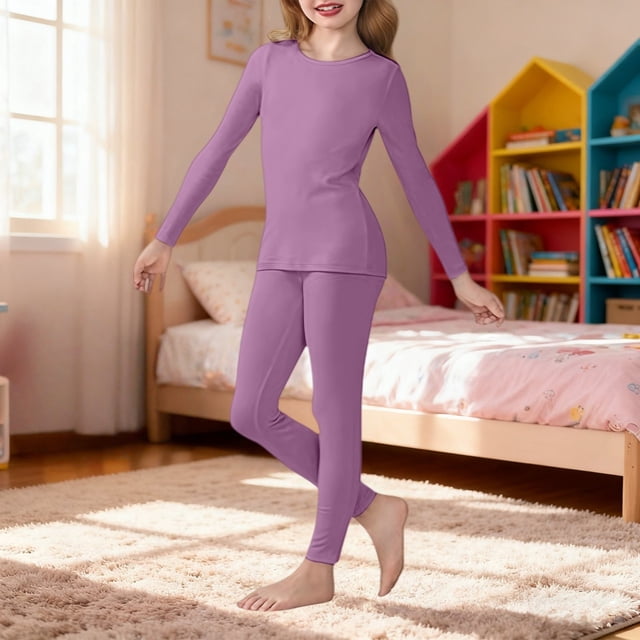 XIMIN Kids Girls Outfit Solid Color Fleece Thermal Underwear Set High Tech Dralon Self Heating Long Johns Cold Weather Kids Base Layer Top Bottom