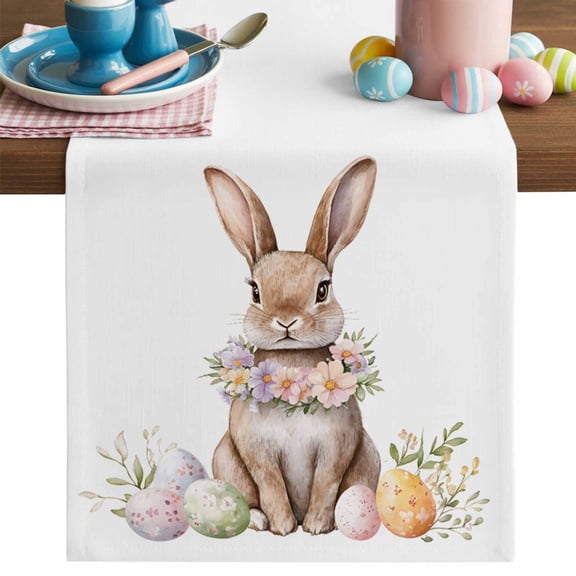 Easter Rabbit Table Runner, Eggs Wreath Cotton Linen Kitchen Table Decoration Washable Dining Tabletop Runners for Home Party Decor 13x48 Inches