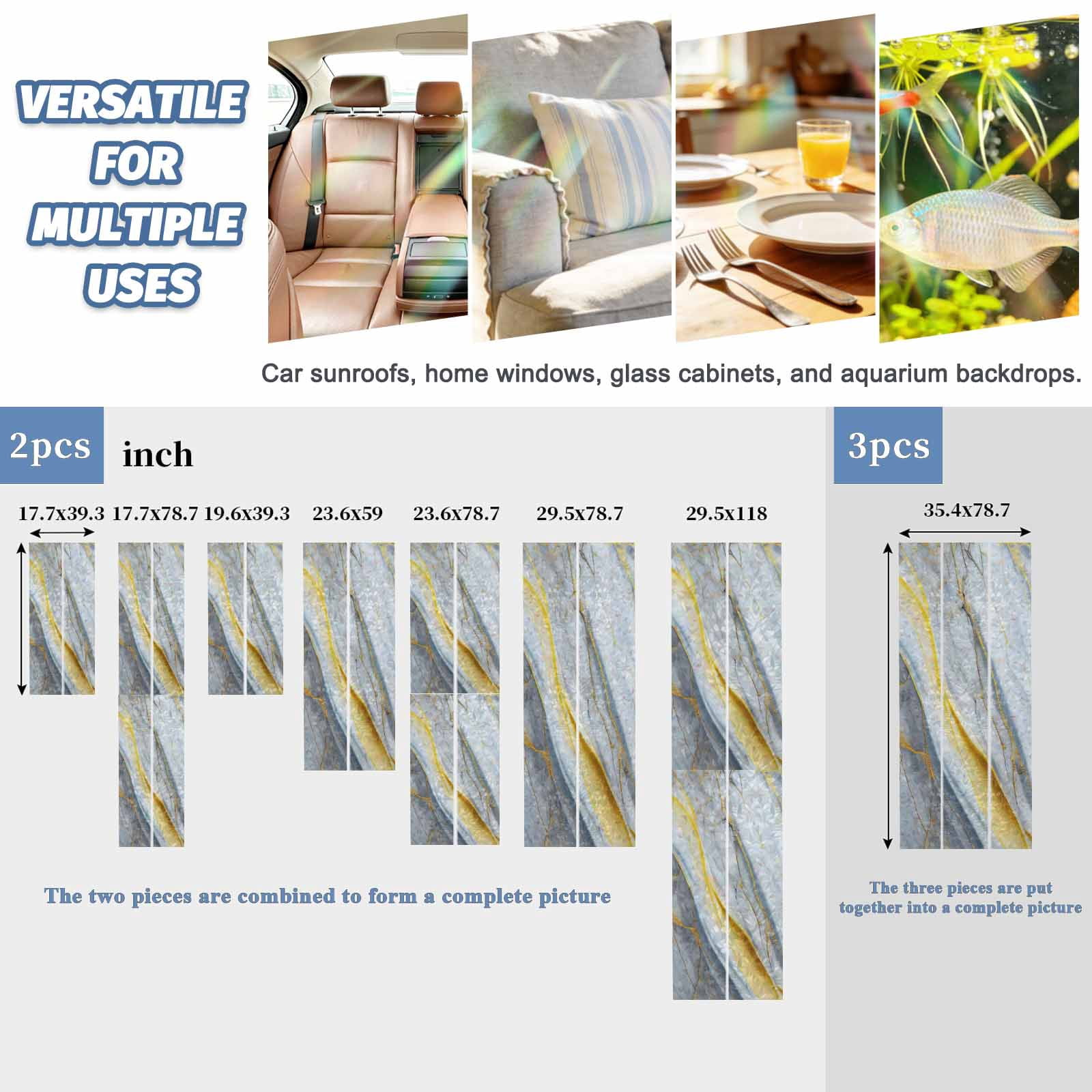 Grey Marble Window Privacy Film Stain Glass,Reusable Decorative Rainbow Window Film,Modern Abstract Gold Ombre Aesthetic Art Static Cling Sun Blocking Stickers Decals Covers 23.6" x 78.7" (2pcs)